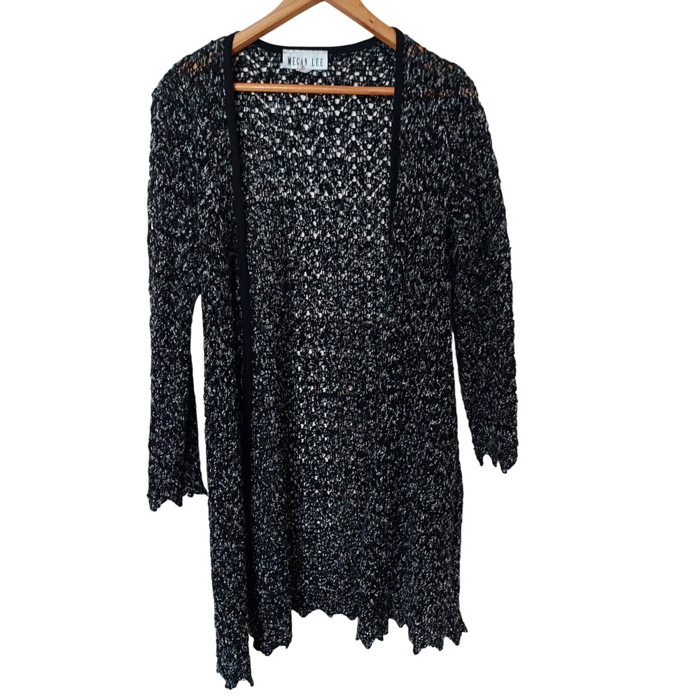 Black White Marled Open Knit Longline Cardigan Scalloped Sz 16 Witchy Whimsigoth
